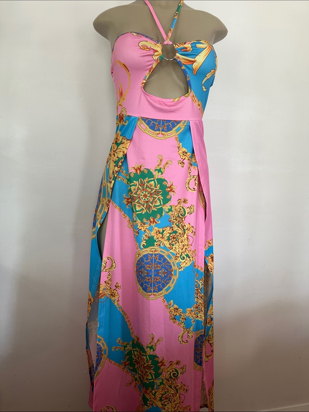 Sleeveless Pink & Blue Halter Maxi Dress  (available XS & M sizes)